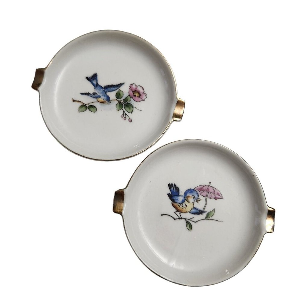 Vintage Made In Japan Ceramic Bird Themed Ashtrays Flat Round Gold Trim
